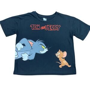 Tom & Jerry Black Cropped Graphic Tee | Short Sleeve Crew Neck Juniors S
